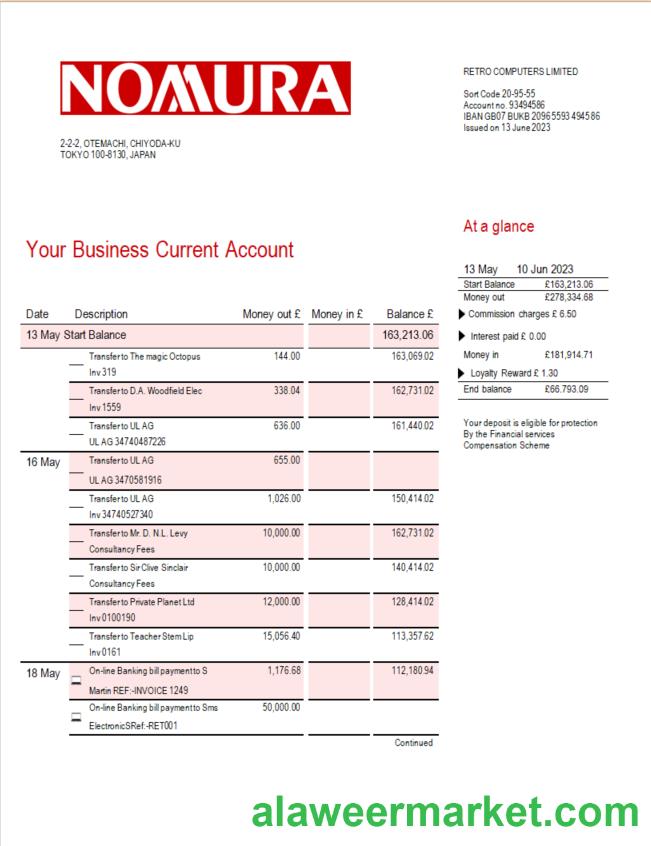 Nomura Bank business statement Word and PDF template